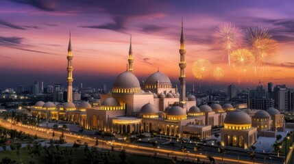 Fototapeta premium Majestic Mosque Under a Colorful Sunset with Fireworks in the Background