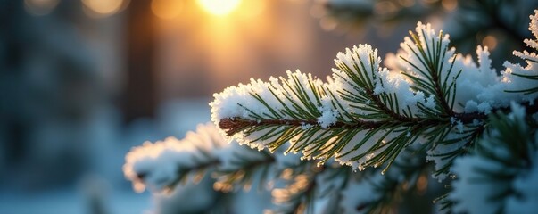Delicate frost coated pine needles shimmer in golden light, icy details, forest