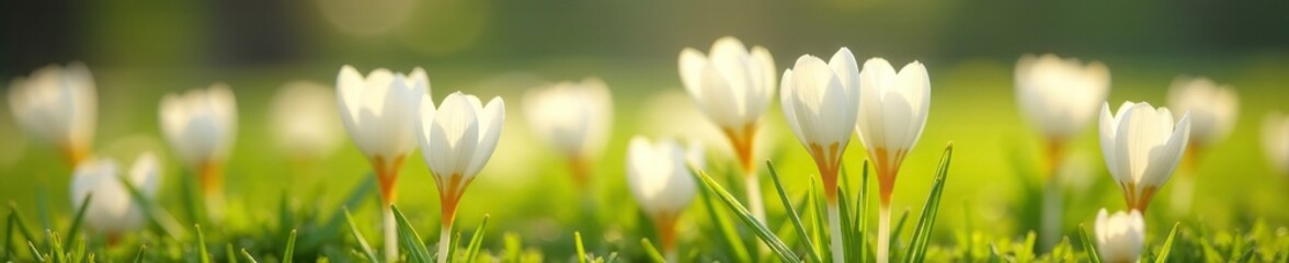 Fototapeta premium Soft petals of pale yellow and white crocus flowers blooming in a garden field, crocus, floral, white
