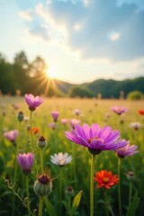 Field of Distelblume Lila wiesenblume in late afternoon sunlight, meadow, flowers in field