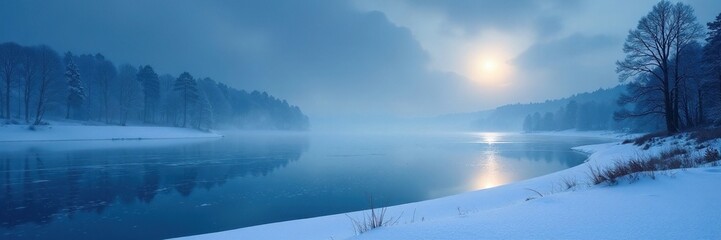 Obraz premium Icy waters glisten in the pale moonlight as a frozen lake stretches across the snow-covered landscape, wintry scene, serene, frosty morning
