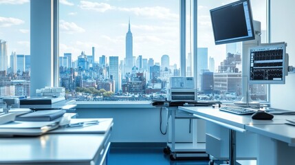 Modern office with city skyline view, featuring computers and medical equipment.