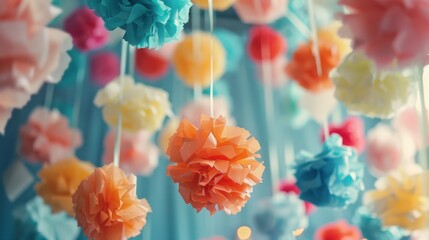 Tissue Paper Pom-Poms: Fluffy, lightweight decorations that create a playful, whimsical vibe, commonly hung from ceilings to brighten up parties and celebrations.
