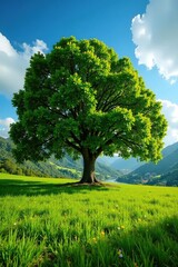 Fototapeta premium Laurel tree's dense canopy providing shade and shelter in the Madeiran countryside, peaceful, Madeira, green field