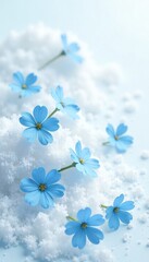Delicate blue forget-me-nots scattered on a snowy white background, calm, small blooms