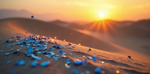 Falling blue and silver confetti scattered on a dry desert sand dune during the sunset, warm, silver