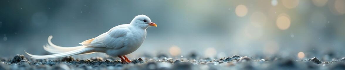 Fototapeta premium Delicate plumage blends into an ethereal silver mist, soft focus, subtle