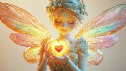 Fototapeta premium A Golden Winged Fairy Holds A Glowing Heart