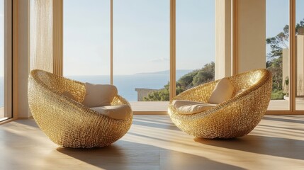 Fototapeta premium Golden Lounge Chairs Facing Ocean View