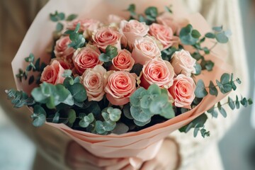 Woman holding pink roses, eucalyptus bouquet, indoors, gift