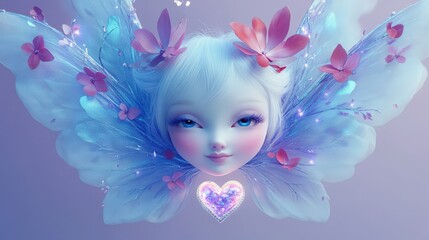 Fototapeta premium A delicate fairy portrait with iridescent wings and flowers