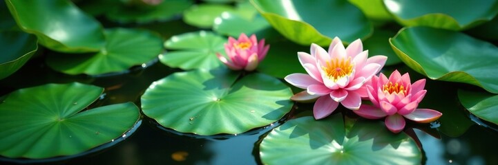 Large leafy lily pads in a pool of freshwater, freshwater, leaves