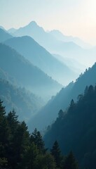 Dark misty fog rises from a serene landscape of mountains and trees, nature, fog, abstract background