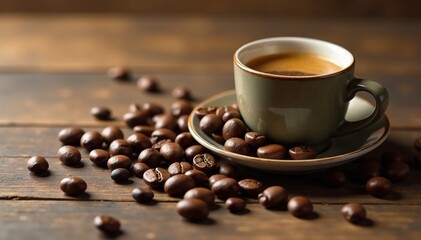 Fototapeta premium Dark rounded coffee beans scattered on wooden table, breakfast, morning