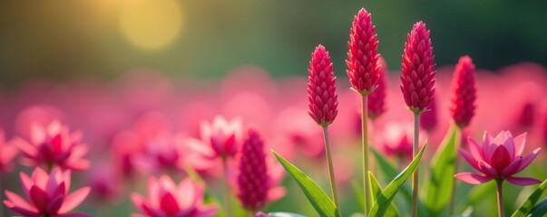 Red chicory stems rising from a bed of soft pink magenta, nature