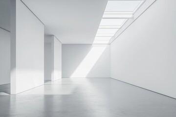 Obraz premium Sunlit minimalist gallery interior, empty space, design