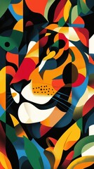 Colorful geometric abstract tiger portrait with striking features and patterns