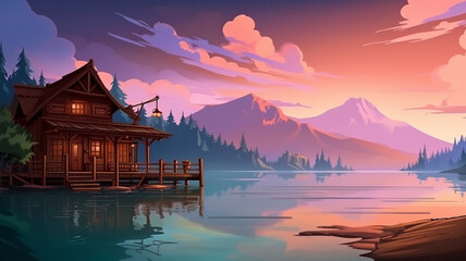 Fototapeta premium Mountain Lake Cabin