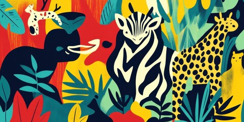Colorful jungle scene featuring animals and vibrant foliage