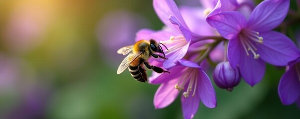 Yellow and black striped bee collecting pollen from wisteria flowers in a garden, petals, insects