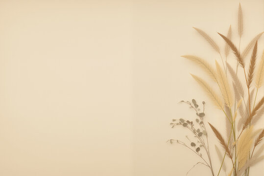 Neutral background with soft wheat and simple plant to the side against a solid background.