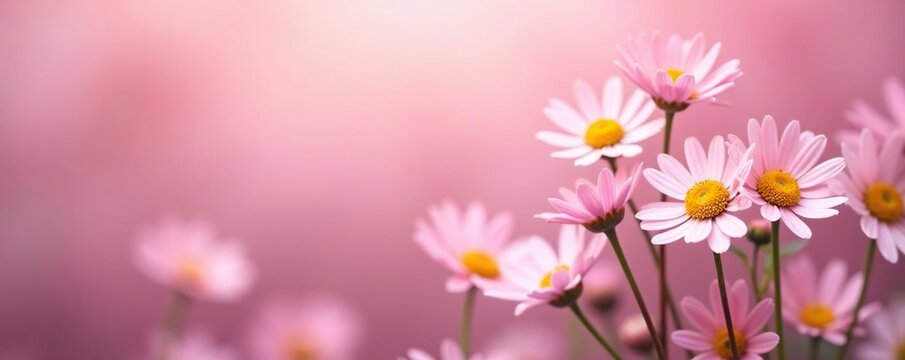 Soft pink floral background with chamomile flowers in full bloom, nature, soft focus