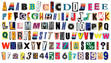 Colección de tipografías retro recortadas y organizadas en estilo collage. La imagen incluye tres tipos de letras vintage, números y símbolos de admiración y exclamación, cuidadosamente recortados de 