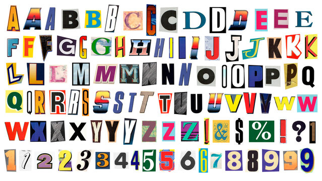 Colección de tipografías retro recortadas y organizadas en estilo collage. La imagen incluye tres tipos de letras vintage, números y símbolos de admiración y exclamación, cuidadosamente recortados de 