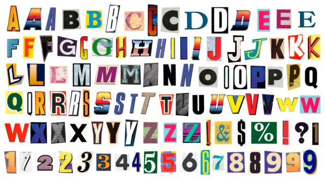 Colección de tipografías retro recortadas y organizadas en estilo collage. La imagen incluye tres tipos de letras vintage, números y símbolos de admiración y exclamación, cuidadosamente recortados de 