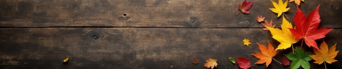 Fototapeta premium Weathered wooden board with rustic texture and a few scattered leaves on its surface , natural elements, tree foliage, wooden boards