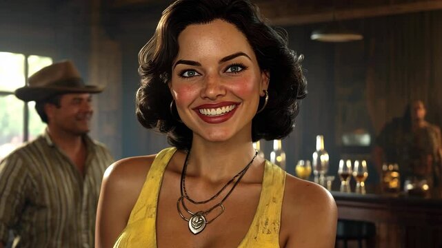 Woman with curly hair and warm smile stands in a rustic bar at sunset while a man in a cowboy hat observes nearby