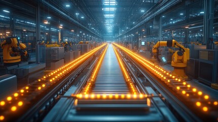Futuristic Factory Assembly Line with Robots and Automated Systems