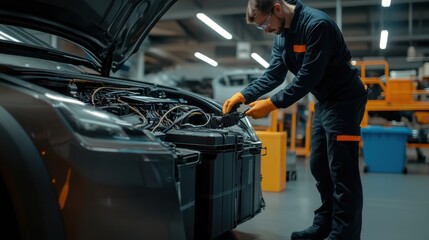 A car service expert checking the battery