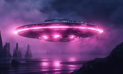 Pink UFO hovering over alien landscape, night - Powered by Adobe