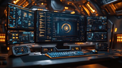 Fototapeta premium Futuristic Workstation: Triple Monitor Setup with Orange Lighting