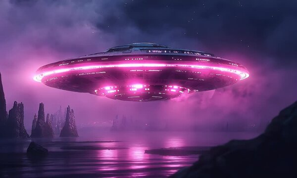 Pink UFO hovering over alien landscape, night