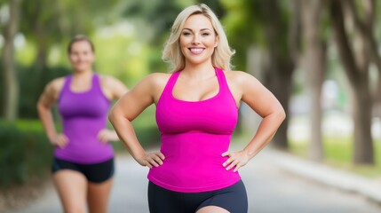 Fototapeta premium Smiling Women Exercising Together on a Sunny Outdoor Trail