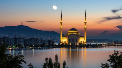 Obraz premium Stunning Sunset Over Majestic Mosque with Reflection in Calm Water and Crescent Moon Above