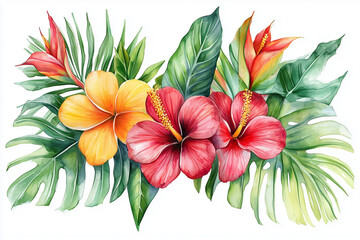 Obraz premium watercolor illustration of bouquet of pink lilies. bouquet of flowers. spring tropical background. close up hibiscus flowers