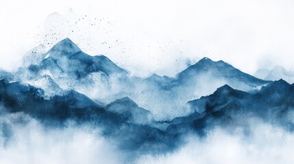 Serene watercolor landscape depicting misty mountains in shades of blue.