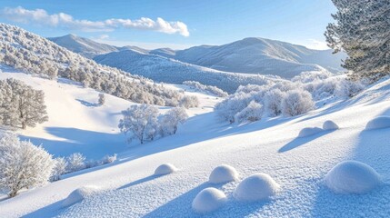 Serene winter landscape with snow-covered hills and frosted trees under a clear blue sky.