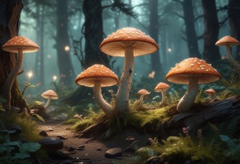 Fototapeta premium Whimsical woodland scene with glowing mushrooms and ethereal forest creatures , nature, glowing