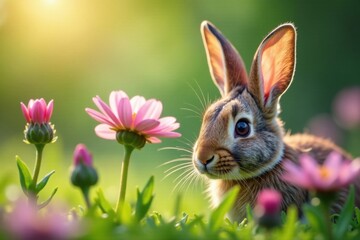 Fototapeta premium Whiskered bunny head peeking out from behind a blooming flower , cute animal, spring