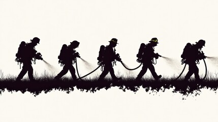 Silhouette of firefighters spraying water, symbolizing bravery and firefighting efforts.