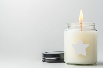 Lit white jar candle with star sticker, black lid on white background.