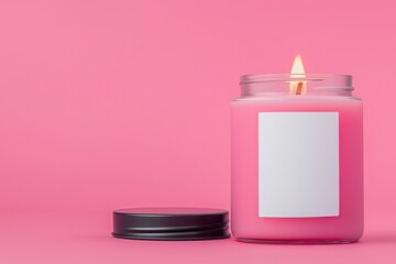 Pink candle in glass jar with blank label on pink background.