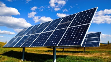 Solar panels installed in a grassy field under a blue sky with clouds.