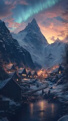 Village houses nestle in snowy mountains beneath an aurora display
