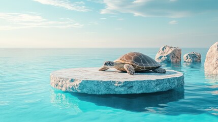Fototapeta premium Sea Turtle Resting on a Rock in Calm Ocean Waters