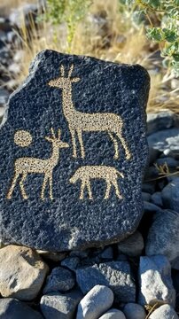 Intricate petroglyphs of deer and a dog carved on a rock in a natural landscape under bright sunlight